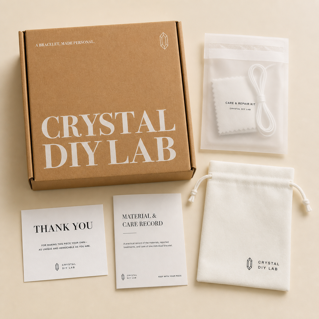 Crystal DIY Lab presentation box, drawstring pouch, thank-you card, material and care record, and compact care-and-repair materials.