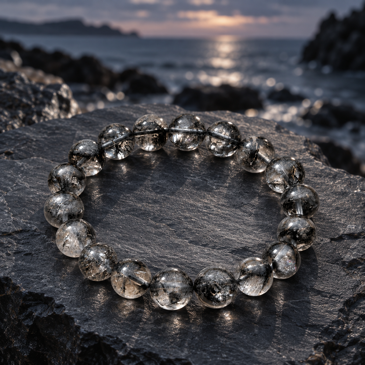 Black Foil Shimmer bracelet on slate beside a twilight shoreline
