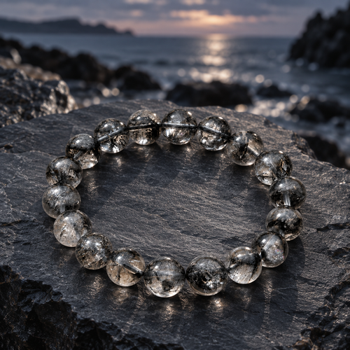 Black Foil Shimmer bracelet on slate beside a twilight shoreline