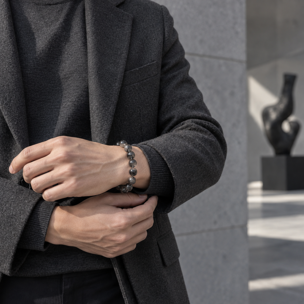 Black Foil Shimmer bracelet worn with charcoal clothing