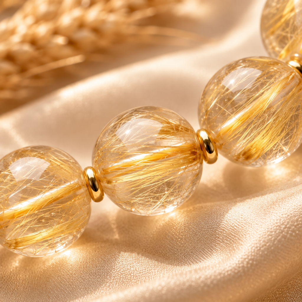 Close-up of golden rutilated quartz beads and gold-tone spacers
