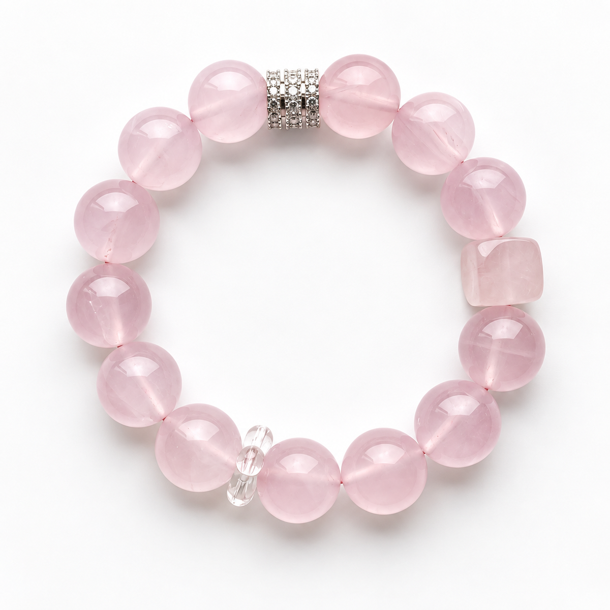 Love in Bloom pink rose quartz bracelet on a white background