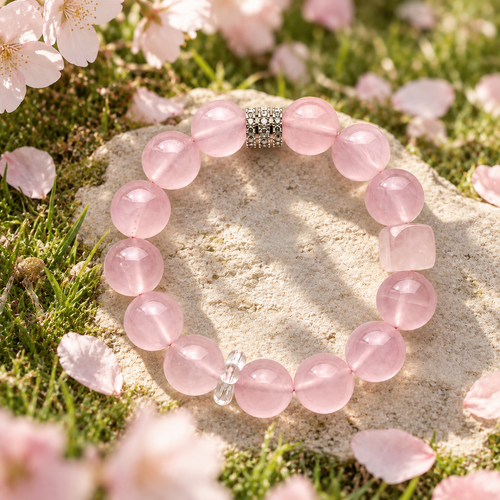 Love in Bloom pink bracelet on a stone amid cherry blossoms