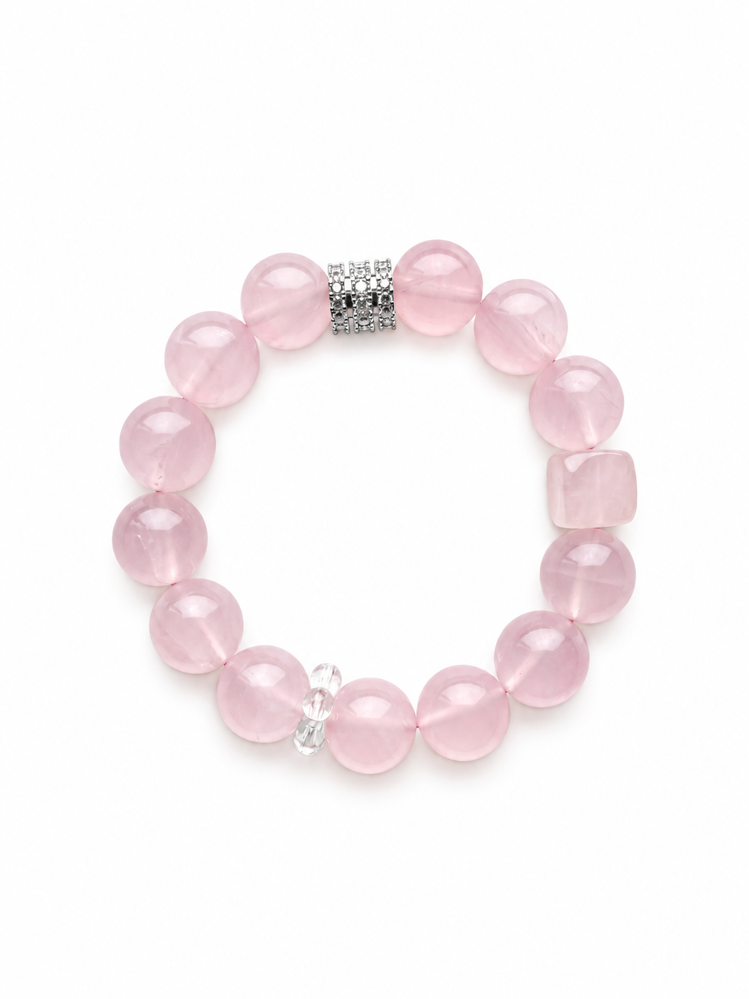 Love in Bloom pink rose quartz bracelet on a white background