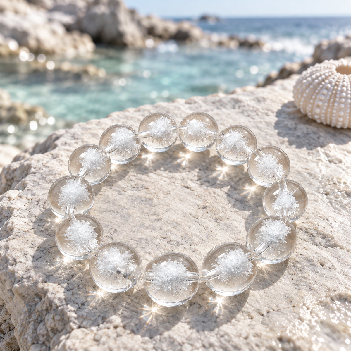 Tidal Bloom bracelet beside a clear coastal tide pool