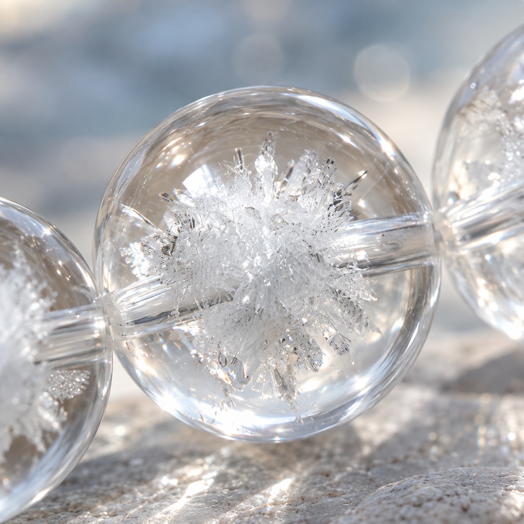 Close-up of treatment-created white radiating patterns inside clear quartz