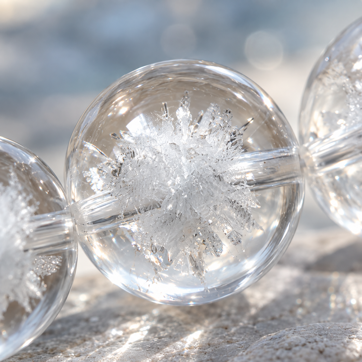 Close-up of treatment-created white radiating patterns inside clear quartz